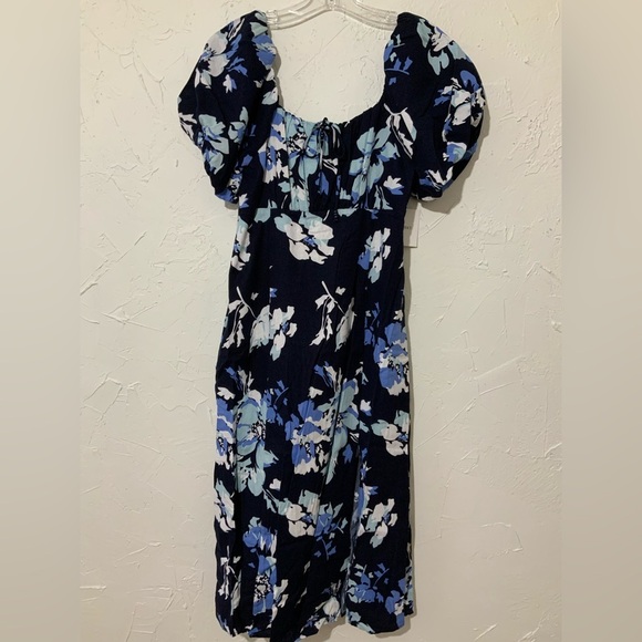 Ellen Tracy Floral Midi Dress with Side Slit and Puff Sleeve Blue Large Blue - Picture 2 of 13